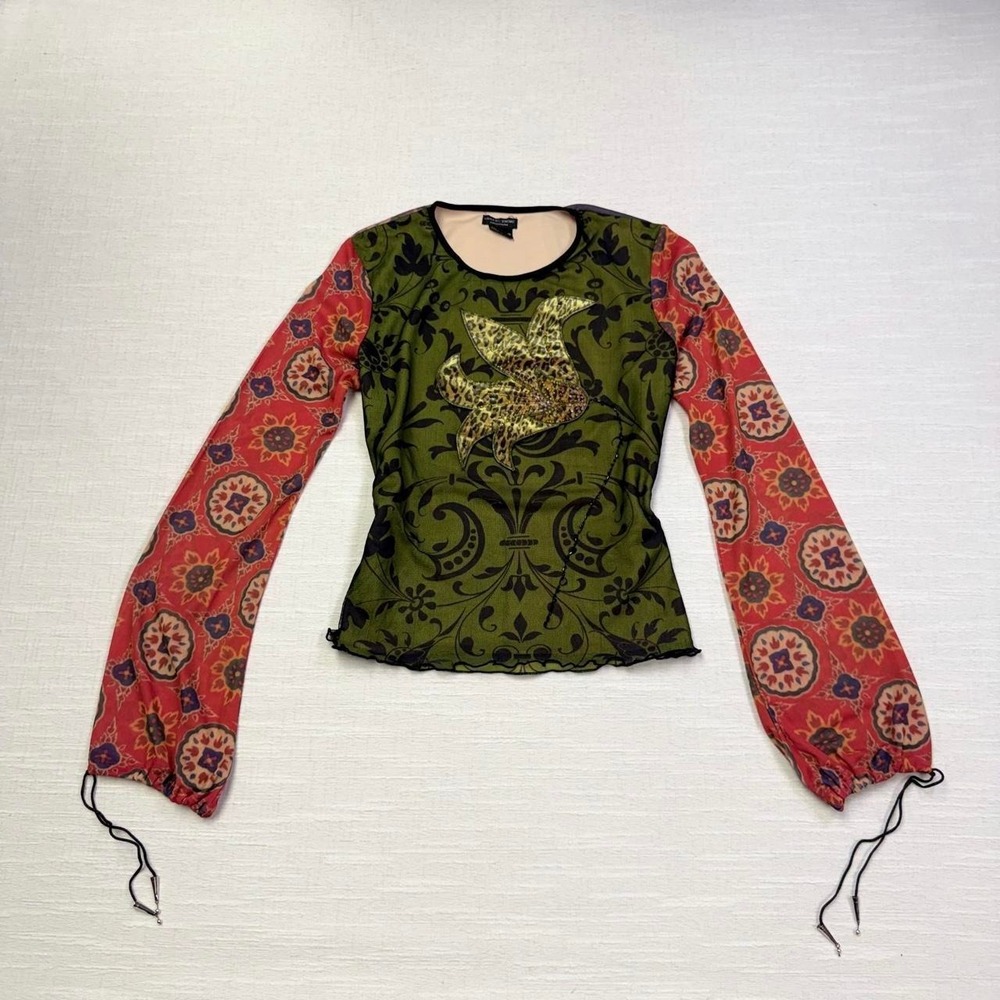 Jane Doe Collection Y2K Beaded Graphic Mesh Long Sleeve Top Green Red Medium